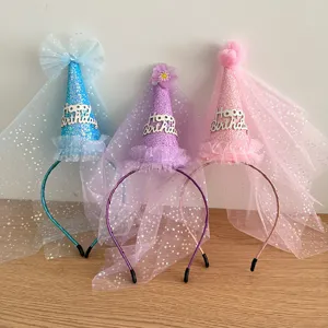 Cute Birthday Party Mesh Crown Headband With Sequin Hat Tulle Veil For Kids Birthday Decoration Star Glitter Hair Band Theme Activity Dressing Up Props Gift