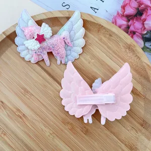 Kids cute unicorn angel wings hair clips, sweet pink side hairpins for little girls daily wear.