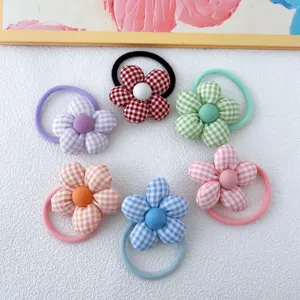 Korean Style Plaid Fabric Flower Hair Ties Sweet Padded Checkered Blossom Elastic Scrunchies For Kids Girls Hair Accessories