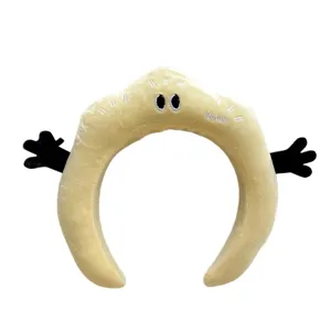 Bandeau en peluche croissant mignon avec yeux et mains de dessin animé, idéal pour le maquillage quotidien.