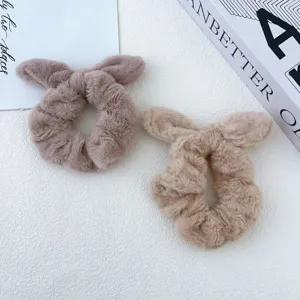 Cute plush rabbit ear hair scrunchies, soft fuzzy winter ponytail holder hair accessories set.