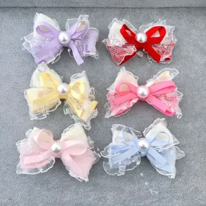 Fermagli per capelli Lolita a doppio fiocco con pizzo e perle, dolci accessori per capelli per donne.