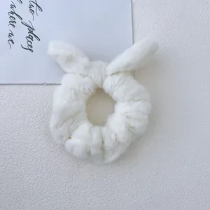White plush rabbit ear hair scrunchie soft fuzzy hair tie cute animal tail pony holder