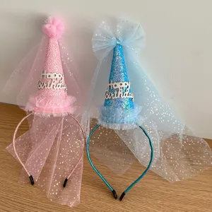 Kids birthday party headband with tulle mesh cone hat cute festival headwear for girls party