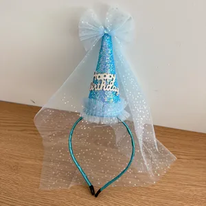 Blue birthday party hat headband with sparkly veil and cute design details for kids.