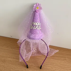 Kids birthday party headband with purple veil and cone hat for celebration events.
