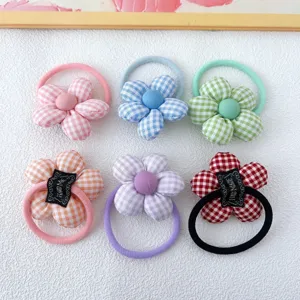 Korean fabric plaid flower hair scrunchies set, cute cotton stuffed elastic hair ties for daily use.