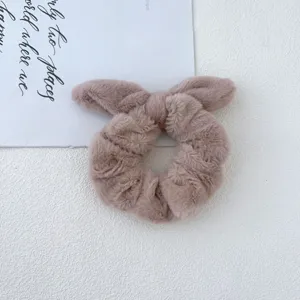Cute plush bunny ear hair scrunchie soft fluffy faux fur ponytail holder for women winter