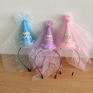 Children birthday hat headband mesh headwear festival party cute glitter cone veil hoop