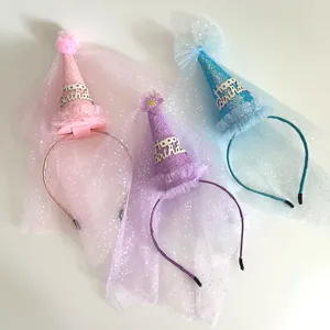 Kids birthday party headband with cone hat and mesh veil, cute pink purple blue hair accessories.