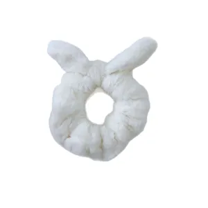 White plush bunny ear hair scrunchie cute soft fuzzy hair tie for women and girls autumn winter