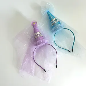 Children birthday headband with cone hat and tulle veil for party holiday celebration dress up