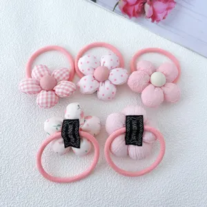 Cute pink fabric flower hair ties for girls, sweet floral scrunchies pony tail holders set.