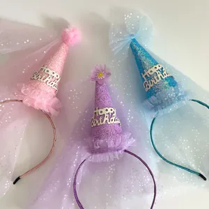 Kids birthday party cone hat headband with sparkling glitter and sheer mesh veil for celebration.