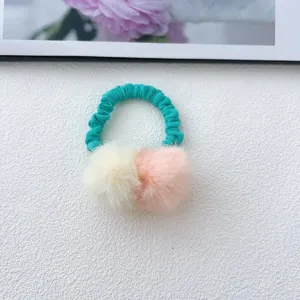 Cute kids contrast color plush ball hair tie detail, sweet girl sweet hair accessory.