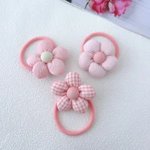 Pink fabric flower hair ties set for cute girls, sweet floral hair scrunchies styling.