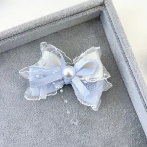 Fermaglio per capelli con fiocco in pizzo blu fatto a mano e perle per stile lolita e ragazze.