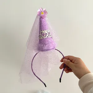 Kids birthday hat headband with purple mesh veil, cute party hair accessory for girls celebration.