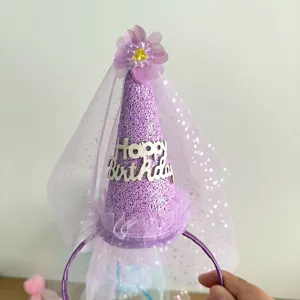 Kids birthday headband party veil hat cute purple cone hair hoop for children celebration props