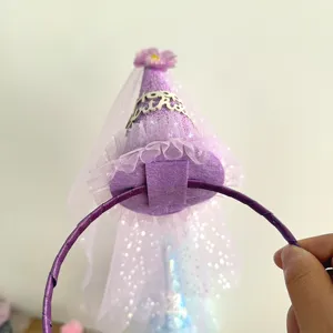 Kids birthday headband purple mesh cone hat party hair hoop celebration dress up cute accessory