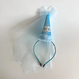Kids birthday hat headband with mesh veil, blue glitter party hair hoop for celebration.