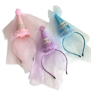 Children birthday party cone headband mesh veil cute hair hoop baby shower festival gift