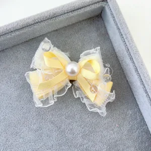 Morsetto per capelli con fiocco in tessuto di pizzo giallo a doppio strato con perla dolce lolita