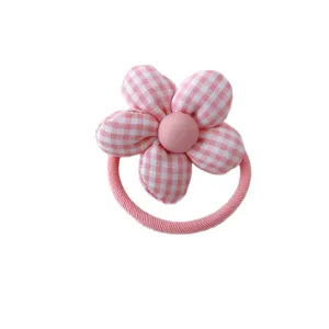 Korean style fabric checkered flower hair tie cute pink scrunchie daily hair accessory