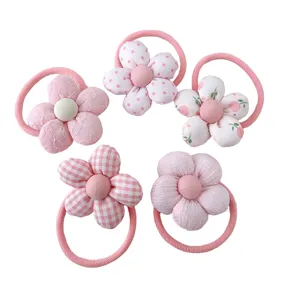 Cute pink floral hair ties set for kids, sweet fabric hair bands, hair accessories.