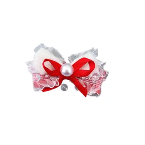 Fermaglio per capelli doppio fiocco fatto a mano rosso bianco rete perla dolce lolita