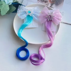 Kids cute bow hair clips with colorful curly hair extensions, snowflake rhinestone decoration for party.