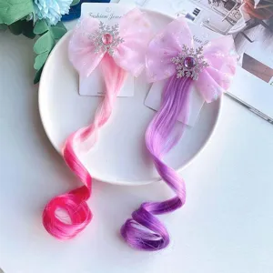 Cute kids bow hair clip with colorful curly wig synthetic hair for party dress up.