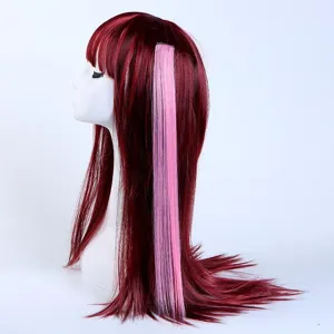 Longue perruque rouge foncé avec extension de mèche rose, idéale pour le coiffage et les fêtes.