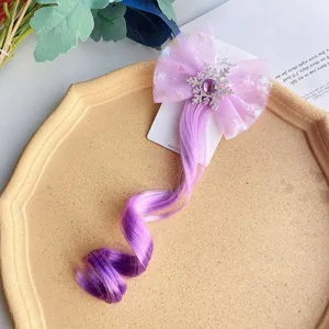 Cute kids purple bow hair clip with curly wig extension, sparkling snowflake charm for party.