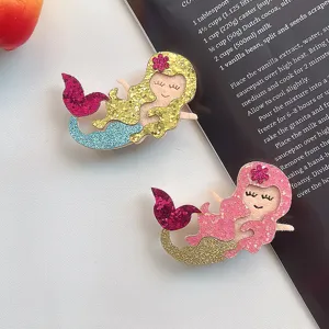 Glitter mermaid hair clips detail view, cute cartoon hair accessories for kids and daily wear.