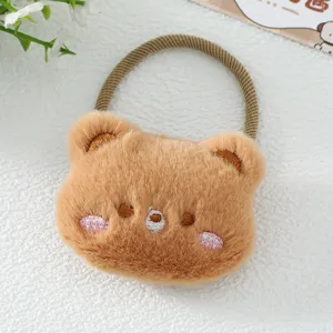 Coletero de oso de peluche marrón lindo para mujer, cuerda de pelo de animal suave para diario.