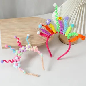 Funny Creative Flower Twist Strip Headband Colorful Plush Pompom Cute Quirky Hairband Costume Headpiece For Girls Birthday Party Stream Photo Props Jewelry
