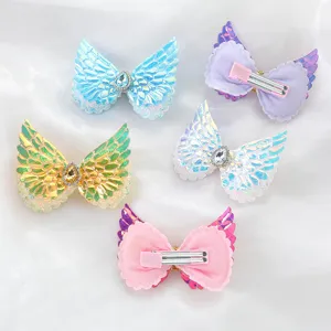Sweet Fabric Angel Wings Hair Clips Glitter Bowknot Rhinestone Alligator Clips Cute Hair Barrettes Accessories For Kids Girls Daily Party