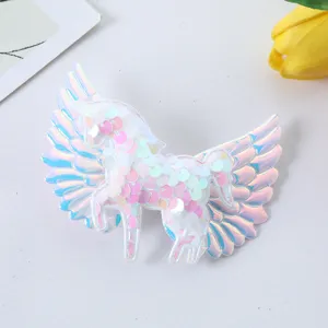 Charming sequined unicorn hairpin with angel wings, exquisite cartoon pony detail for sweet girls.