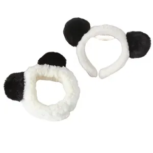 Joli bandeau panda en peluche et serre-tête moelleux pour le maquillage et le visage.