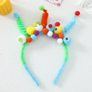 Funny DIY pipe cleaner headband with colorful pom poms for party and festival photography.
