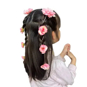 Bonitos accesorios para el cabello con trenza de flores rosas y cadena de cristal para ninos.