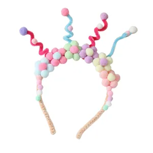 Colorful fuzzy pom pom flower headband cute party hair hoop funny handmade hair accessory