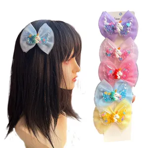 Cute Children Mesh Bowknot Hair Clip Unicorn Angel Wings Hairpin Sweet Sequin Headwear For Kids Girls Casual Daily Hair Styling