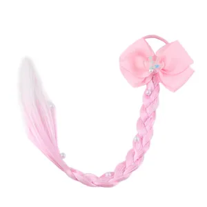 Coleta de pelo sintético trenzado de colores para niñas con lazo rosa y perlas para fiesta.