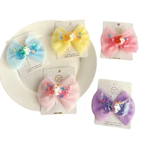 Children mesh bow hair clips with cute unicorn and angel wings design, colorful hair accessories