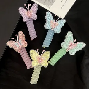 Colorful embroidered butterfly coiled phone wire hair ties for kids, cute elastic ponytails