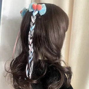 Dolce accessorio per capelli con fiocco, nappe di perle e clip di pesca per stile Hanfu