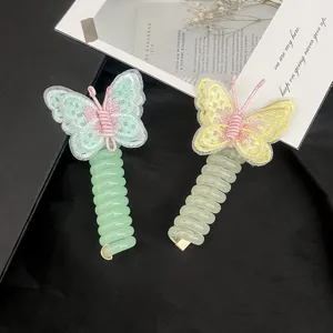 Children embroidered butterfly hair tie, high elasticity phone wire ponytail holder accessory.
