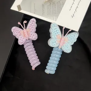 Cute embroidered butterfly spiral hair ties for kids, high elastic ponytail holder hair accessories.